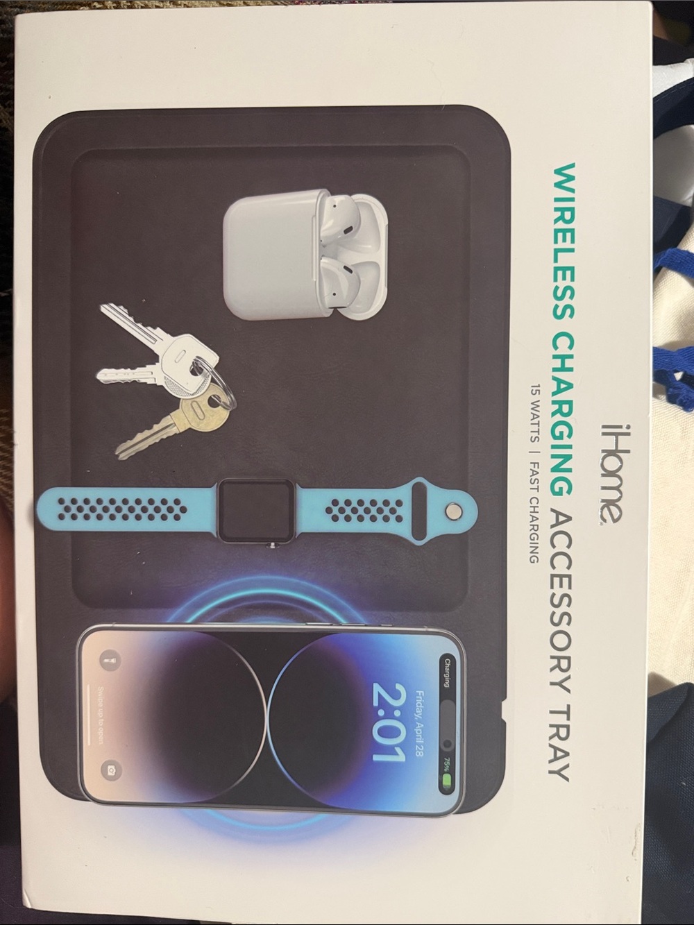 iHome Black Wireless Charging Tray with Blue Watch Band Accent